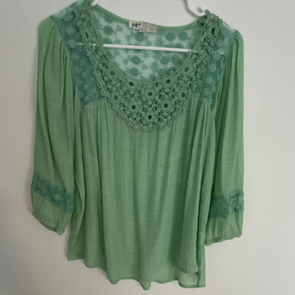 Jolt Green Lace Crochet Floral Tunic‎ Blouse 3/4 Sleeve L Rayon Polyester Nylon
